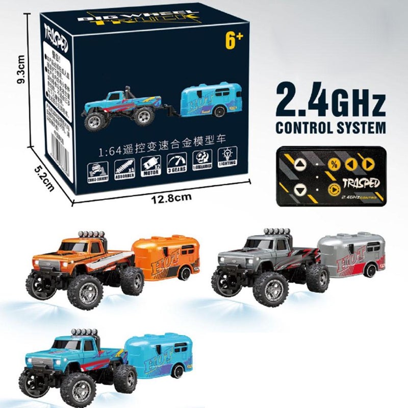 شاحنة وحش RC ميني، شاحنة وحش ميني 1:64 من سبائك الألمنيوم، شاحنات RC شبه مع مقطورة وتحكم عن بعد، سيارات RC لجميع التضاريس بسرعة 20 كم/س مع إضاءة LED هدايا عيد الميلاد ورأس السنة الجديدة للأطفال من 3 سنوات فما فوق (رمادي) - Image 2